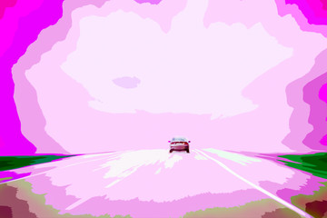 Obraz premium Rear View of a Car Speeding on Asphalt Road in Countryside. Cloudy, Stormy Dramatic Sky. Copy-Space. Motion Blur.