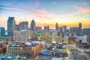Aerial view of downtown Detroit at sunset in Michigan