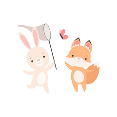 Obraz na płótnie Canvas Lovely White Little Bunny and Fox Cub Catching Butterflies with Net, Cute Best Friends, Adorable Rabbit and Pup Cartoon Characters Vector Illustration
