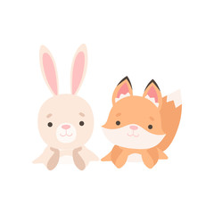Obraz na płótnie Canvas Lovely Little Bunny and Fox Cub Best Friends, Adorable Rabbit and Pup Cartoon Characters Vector Illustration