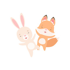 Obraz na płótnie Canvas Lovely White Little Bunny and Fox Cub Happily Jumping, Cute Best Friends, Adorable Rabbit and Pup Cartoon Characters Vector Illustration