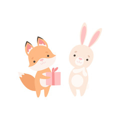 Fox Cub Giving Gift to White Little Bunny, Cute Best Friends, Adorable Rabbit and Pup Cartoon Characters Vector Illustration