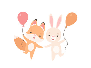 Lovely White Little Bunny and Fox Cub with Balloons, Cute Best Friends, Adorable Rabbit and Pup Cartoon Characters Vector Illustration