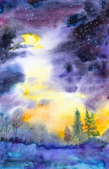 Watercolor illustration of a beautiful summer forest landscape at sunset