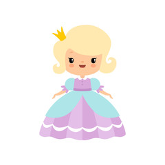 Cute Blonde Little Fairytale Princess in Beautiful Dress Cartoon Vector Illustration