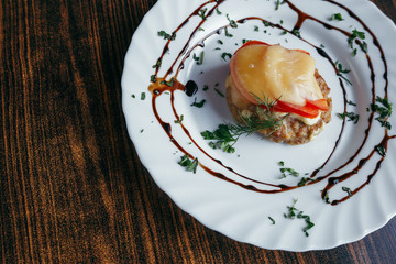 Top view of fish cutlet with mashed potato