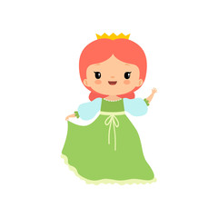 Cute Little Fairytale Princess Girl Wearing Green Dress and Golden Crown Cartoon Vector Illustration