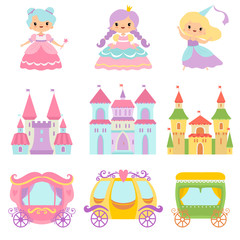 Collection of Cute Little Princesses, Magic Castles, Fairy Tale Carriages, Fantasy Kingdoms Cartoon Vector Illustration