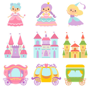 Collection of Cute Little Princesses, Magic Castles, Fairy Tale Carriages, Fantasy Kingdoms Cartoon Vector Illustration