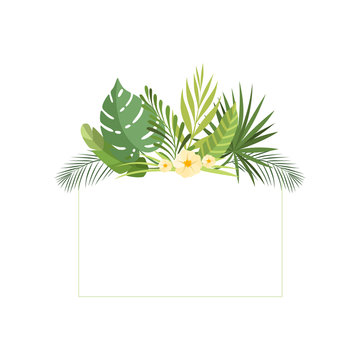 Exotic Tropical Leaves, Banner, Rainforest Foliage Border, Poster, Wedding Invitation, Summer Greeting Card Design Element