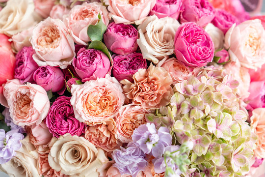 Close-up Large Beautiful bouquet of mixed flowers. Flower background and Wallpaper. Floral shop concept . Beautiful fresh cut bouquet. Flowers delivery