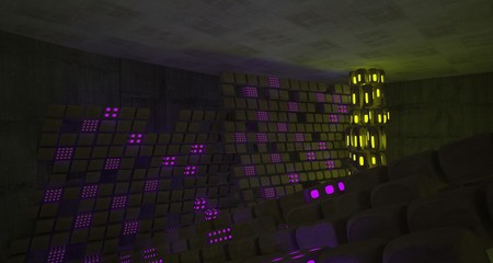 Abstract  Concrete Futuristic Sci-Fi interior With Pink And Yellow Glowing Neon Tubes . 3D illustration and rendering.