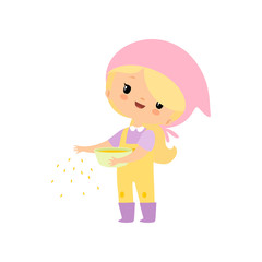 Cute Young Girl in Overalls and Rubber Boots Feeding Poultry with Grain, Farmer Girl Cartoon Character Vector Illustration