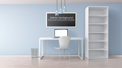 Home workplace in apartment room minimalistic interior 3d realistic vector mockup. Painting frame with sample text under work desk with laptop on it, chair and rack with empty bookshelves illustration