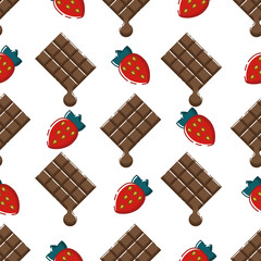 Seamless pattern with chocolate and strawberries in flat linear style.