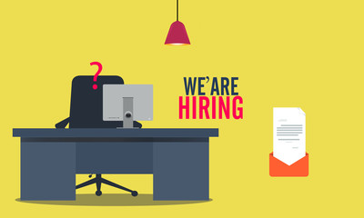 Office Worker Hiring Poster design, We're hiring. Vector flat illustration on yellow background. Mali on offer latter - Vector