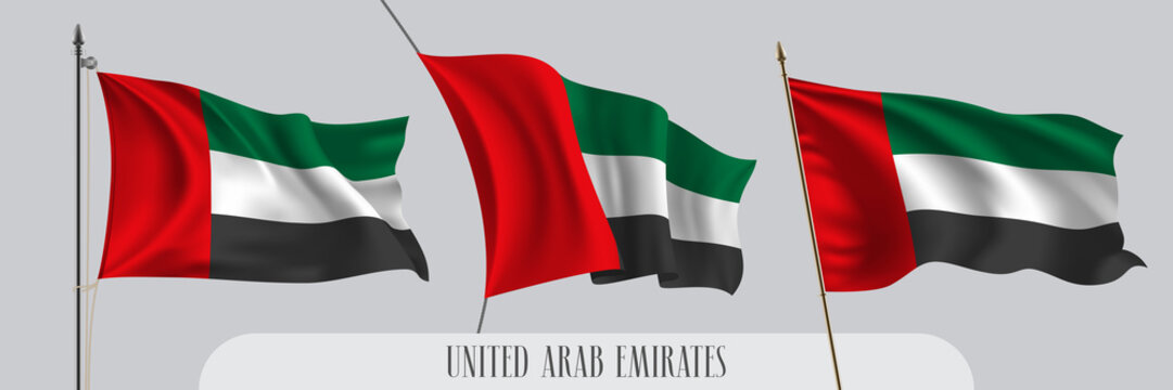 Set of United Arab Emirates waving flag on isolated background vector illustration