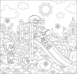 Little children playing on a slide on a playground in a park of a small town on a sunny summer day, black and white vector illustration in a cartoon style for a coloring book