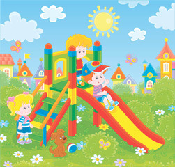 Obraz na płótnie Canvas Little children playing on a slide on a playground in a green park of a small town on a sunny summer day, vector illustration in a cartoon style