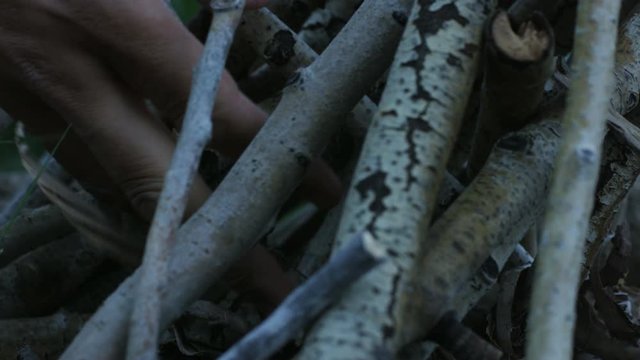 Close up of man's hands as he places kindling into pile of firewood