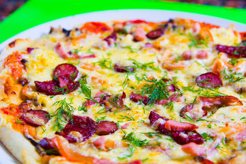 hot tasty fresh pizza on a plate close-up. green background