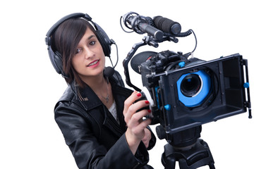 young woman with professional video camera, DSLR, on white