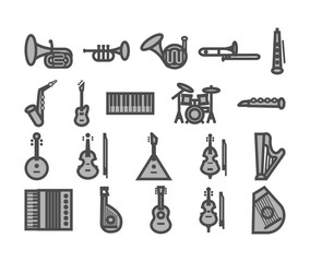musical instruments set of icons. vector black and white illustration
