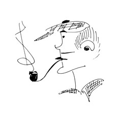 a sketch of a man in a cap and with a pipe. hand-drawn black and white vector illustration