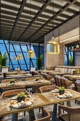 Modern interior design of restaurant lounge, oriental arabic style with wire mesh ceiling and hidden lights,  wood and bronze gold colors, 3d rendering