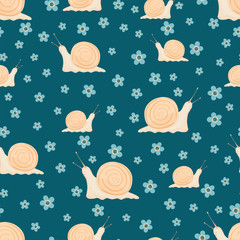 Seamless pattern with cute snails and flowers. Pattern for fabric, textile, wallpaper, wrapping paper, clothes. Vector illustration.