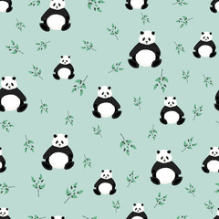 Seamless pattern with cute pandas on a green background. Pattern with bear for fabric, textile, wallpaper, wrapping paper, clothes. Vector illustration.