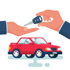 Key car in hand cartoon style. Give, take car key. Buy rent vehicle. Vector illustration flat design. Isolated on background red auto. Template purchase buy rental sale vehicle.
