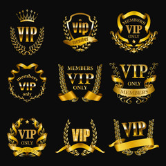 Set of gold vip monograms for graphic design on black background.