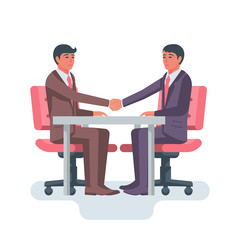 Fototapeta premium Handshake at the table. Beginning a business relationship. Two businessmen are sitting at the negotiating table. Vector illustration flat design. Isolated on white background. Agreement concept.