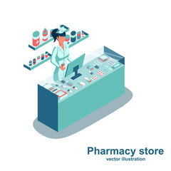 Doctor pharmacist in pharmacy. Web banner, template infographics. Shelves with medicines and pills. Nurse is at sales counter. Healthcare conceptual. Vector isometric design