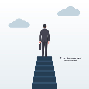 Road to nowhere landing page. A businessman is standing at the top of the stairs. Vector illustration flat design. Isolated on white background. The man at the top of the cliff.