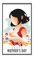 mother with her baby. Card of Happy Mothers Day. Vector illustration with beautiful woman and child with Paper cut flower and frame - Vector