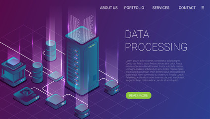 Concept of big data processing, energy station of future, server room rack, data center isometric vector illustration