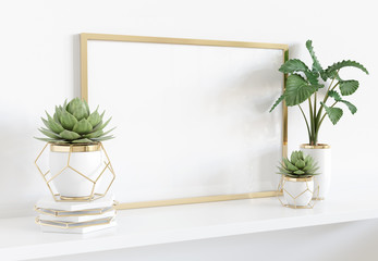 Frame leaning on white shelve in bright interior with plants and decorations mockup 3D rendering