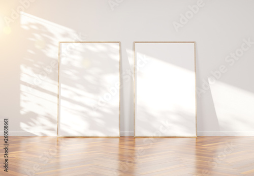 Download Wooden Frame Leaning In Bright White Interior With Wooden Floor Mockup 3d Rendering Wall Mural Sdecoret