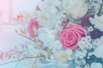 Fototapeta na wymiar Bouquet roses soft blur background beautiful flowers vintage pastel tones 