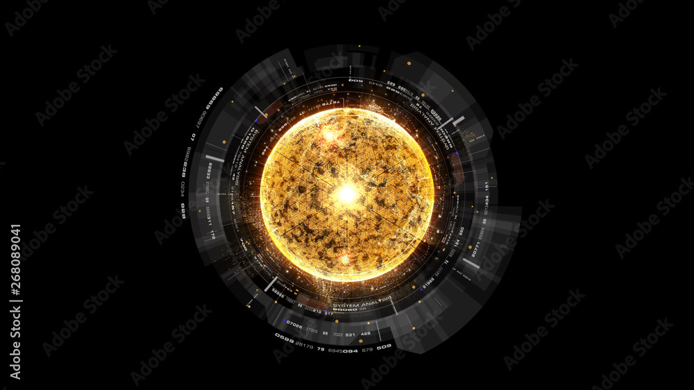 Poster Futuristic graphic user interface head up display screen with digital holographic Nuclear Fusion energy simulator display for digital background