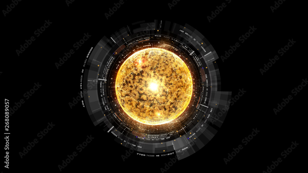 Aufkleber Futuristic graphic user interface head up display screen with digital holographic Nuclear Fusion energy simulator display for digital background