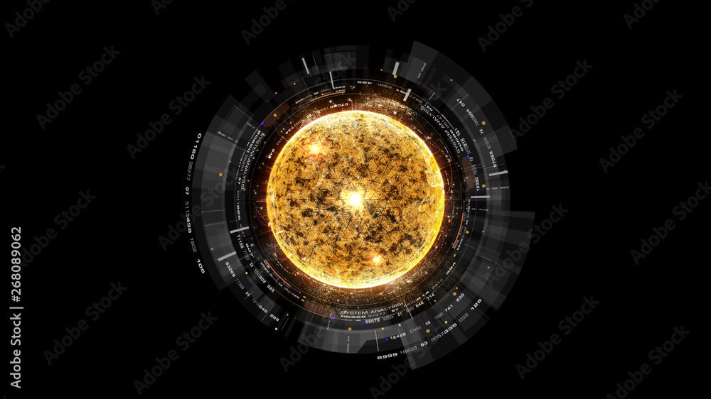 Fototapete Futuristic graphic user interface head up display screen with digital holographic Nuclear Fusion energy simulator display for digital background