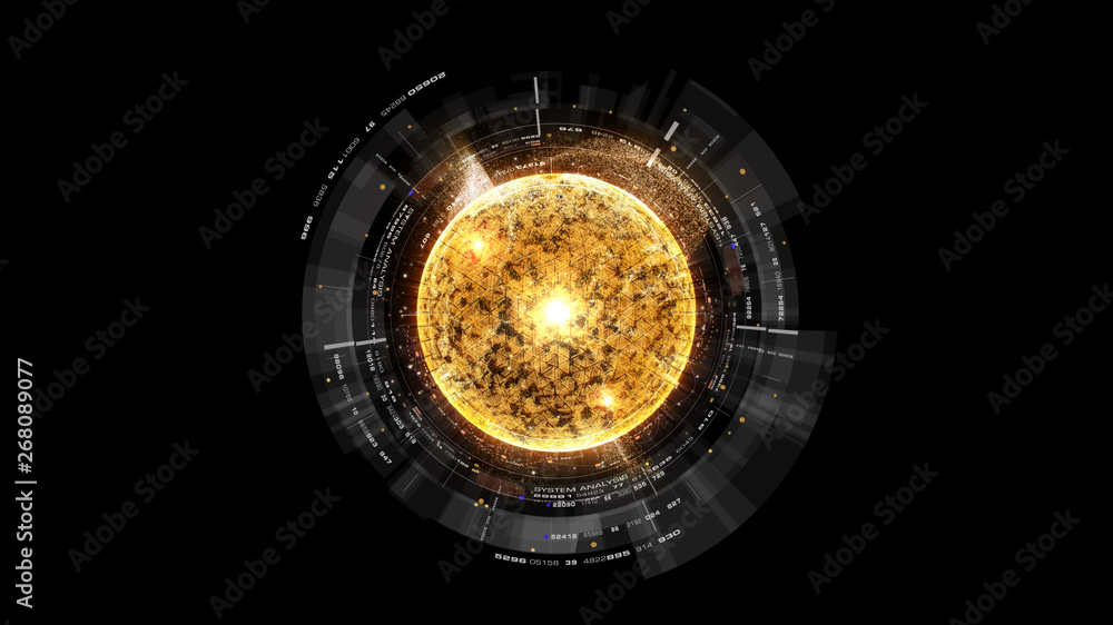 Aufkleber Futuristic graphic user interface head up display screen with digital holographic Nuclear Fusion energy simulator display for digital background