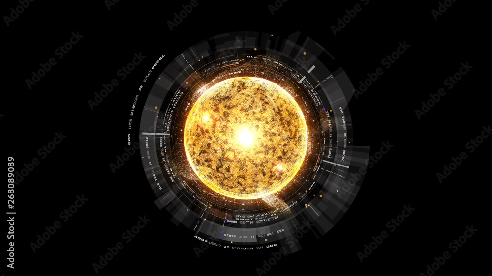 Poster Futuristic graphic user interface head up display screen with digital holographic Nuclear Fusion energy simulator display for digital background