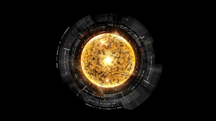 Futuristic graphic user interface head up display screen with digital holographic Nuclear Fusion energy simulator display for digital background