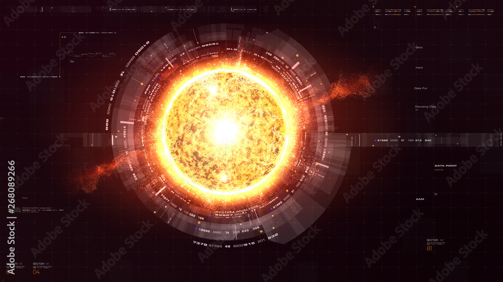 Fototapete Futuristic graphic user interface head up display screen with digital holographic Nuclear Fusion energy simulator display for digital background
