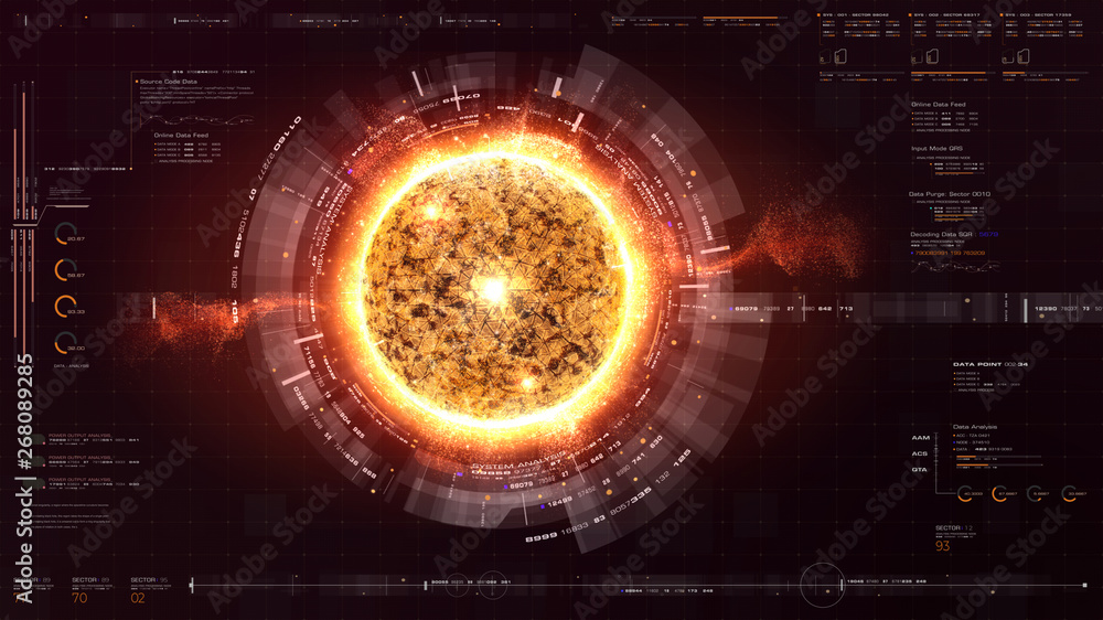 Poster Futuristic graphic user interface head up display screen with digital holographic Nuclear Fusion energy simulator display for digital background