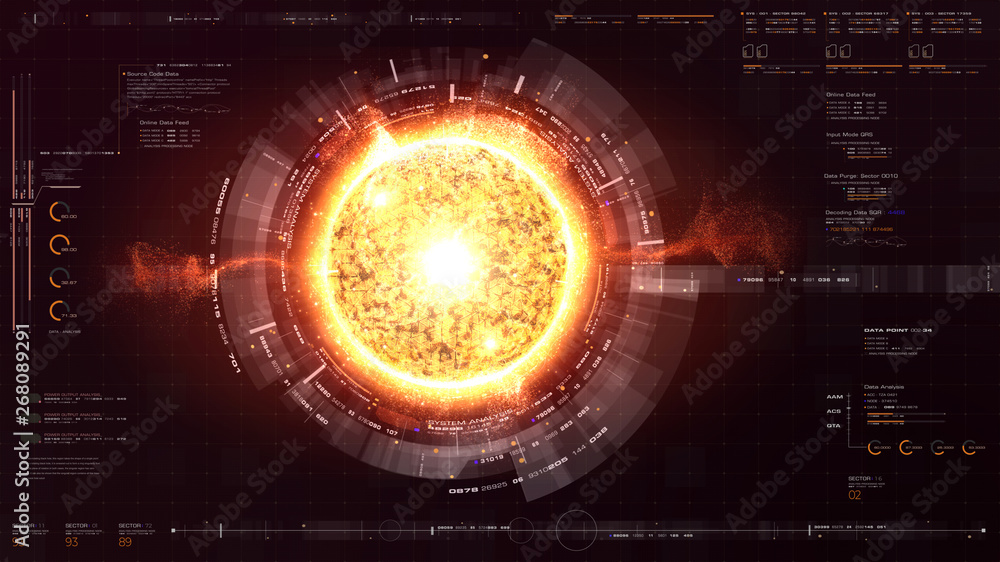 Poster Futuristic graphic user interface head up display screen with digital holographic Nuclear Fusion energy simulator display for digital background